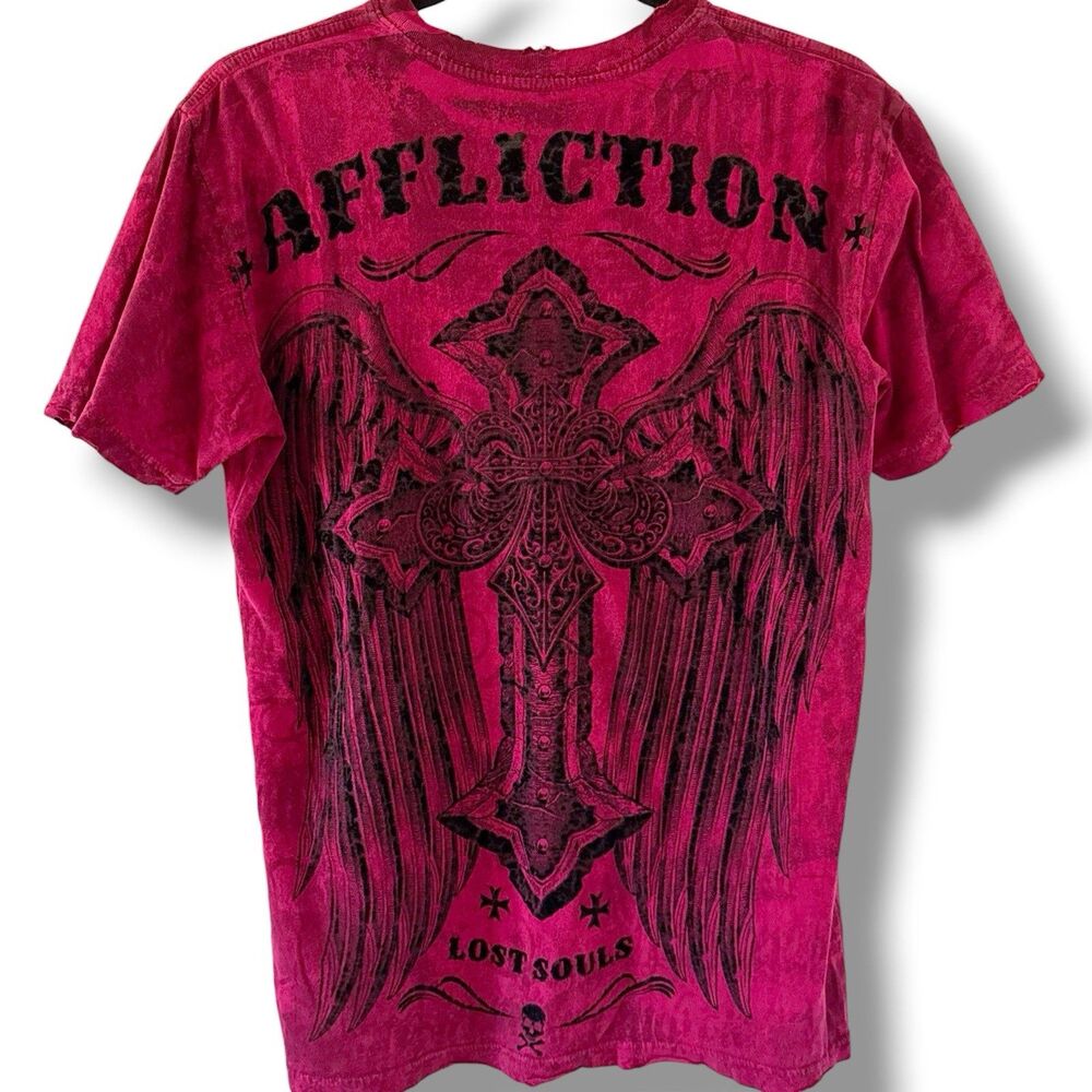 Men’s Small Vtg Affliction Shirt Live Fast Lost Souls Cross Wings Distressed Y2K